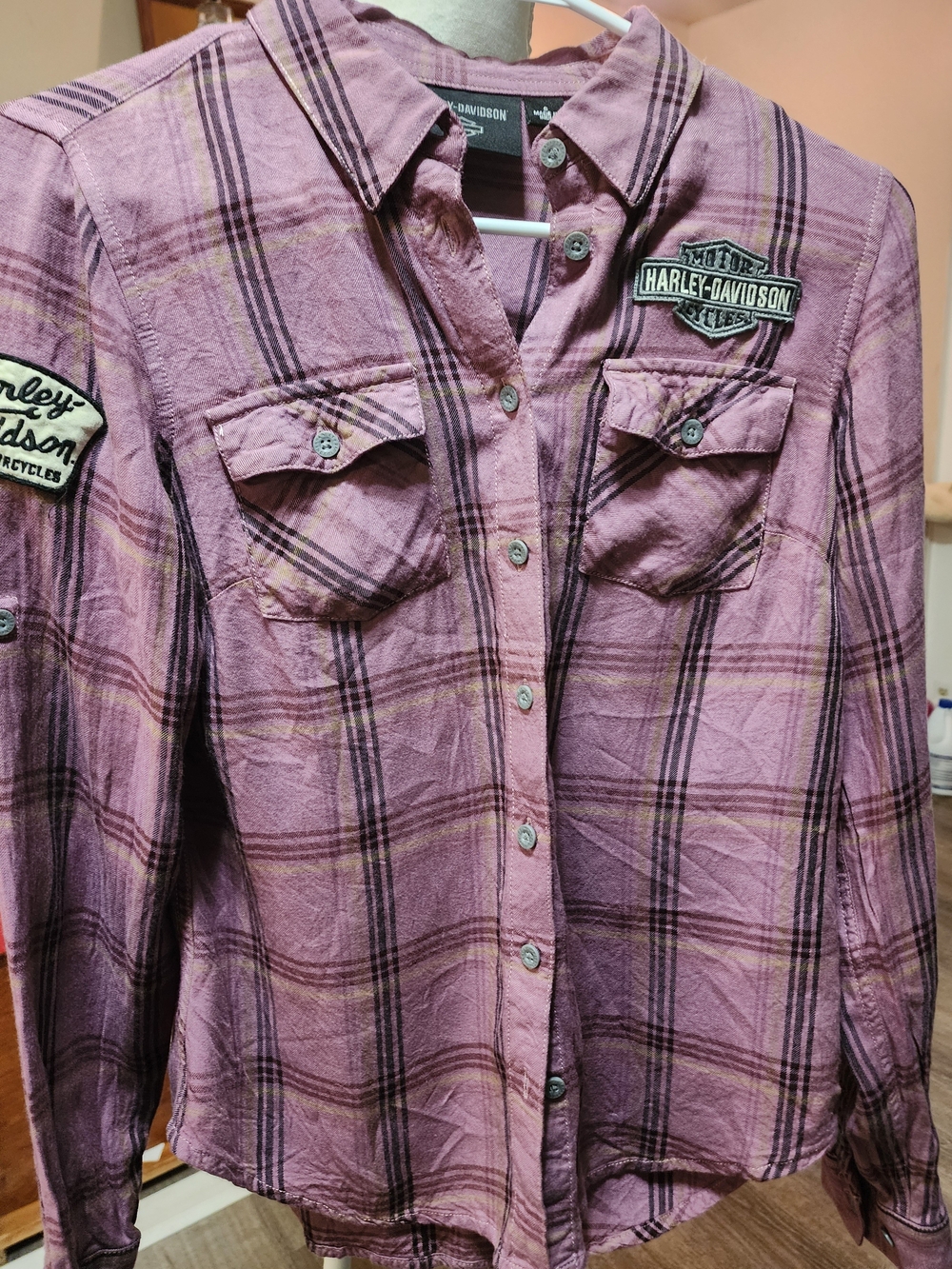 Harley-Davidson Lavender Plaid Button-Up Shirt Blouse Sz SM